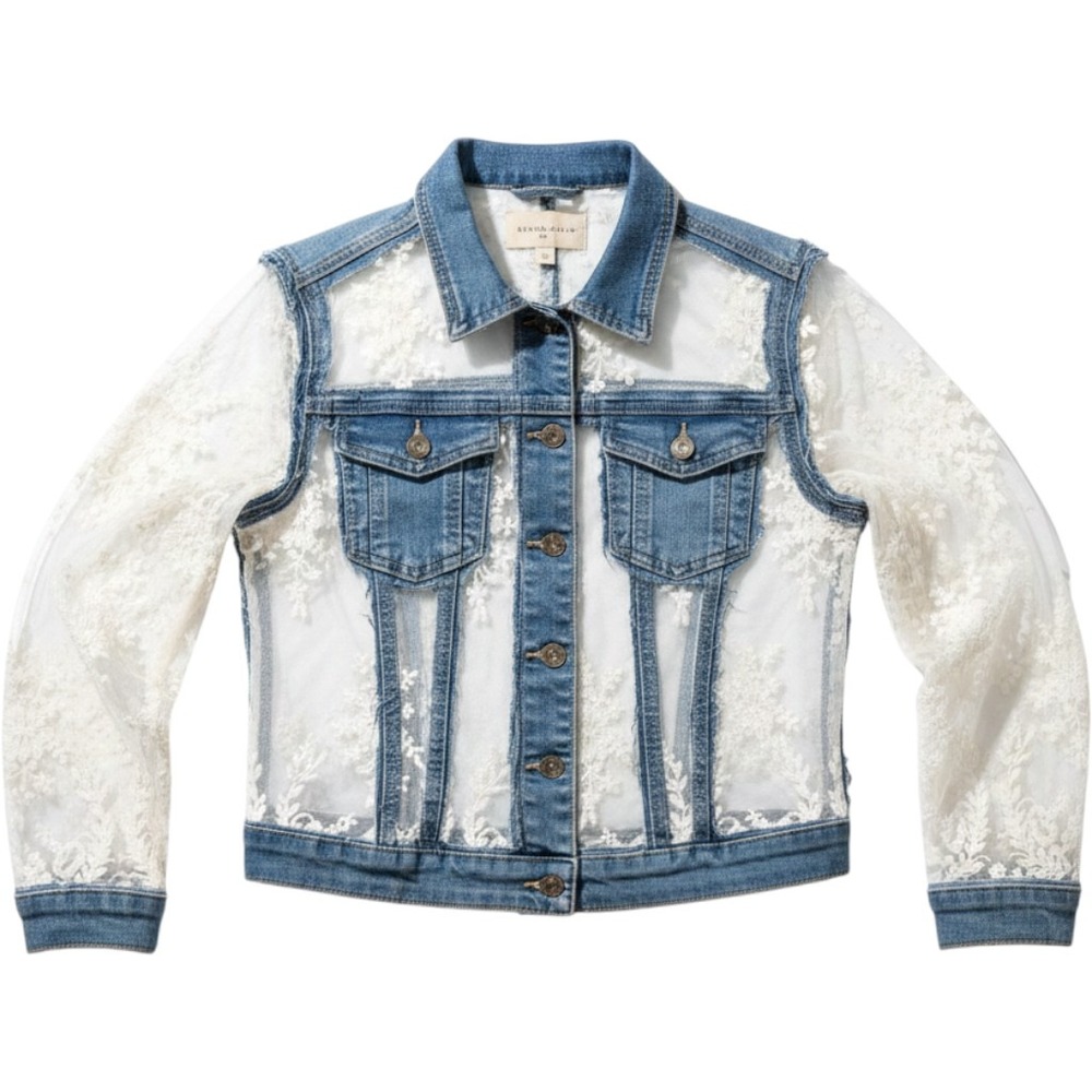 Gracia Sheer Floral Lace Blue Denim SM Distressed‎ Jacket Feminine Unique Crop